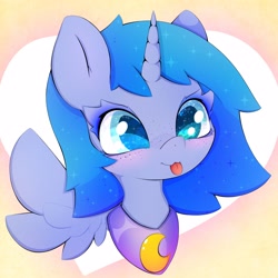 Size: 3000x3000 | Tagged: safe, artist:zokkili, imported from derpibooru, princess luna, alicorn, pony, :p, bust, cute, ethereal mane, female, filly, foal, horn, lunabetes, solo, starry eyes, starry mane, tongue out, wingding eyes, wings, woona, younger