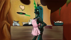 Size: 6222x3500 | Tagged: safe, artist:mixdaponies, imported from derpibooru, queen chrysalis, changeling, changeling queen, cooking, cooking apron, egg, fanfic art, female, food, glowing, glowing horn, horn, pan, pancakes, worse way to be bad