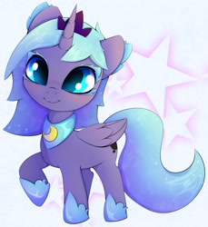 Size: 2750x3000 | Tagged: safe, artist:zokkili, imported from derpibooru, princess luna, alicorn, pony, :3, cute, female, filly, foal, horn, looking at you, lunabetes, raised hoof, solo, stars, woona, younger