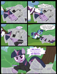 Size: 1042x1358 | Tagged: safe, artist:dendoctor, imported from derpibooru, mean twilight sparkle, waxton, alicorn, earth pony, pony, comic:clone.., alternate universe, clone, clothes, comic, newspaper, tree, twilight sparkle (alicorn)