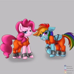 Size: 3000x3000 | Tagged: safe, artist:katscarlett, imported from derpibooru, pinkie pie, rainbow dash, earth pony, pegasus, pony, blushing, bound wings, chained, chains, clothes, commission, commissioner:rainbowdash69, cuffs, embarrassed, grin, nervous, nervous grin, never doubt rainbowdash69's involvement, prison outfit, prisoner, prisoner pp, prisoner rd, shackles, smiling, smug, wings