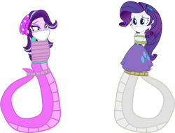 Size: 1024x784 | Tagged: safe, artist:cartoonmasterv3, imported from derpibooru, rarity, starlight glimmer, lamia, equestria girls, bondage, bound and gagged, cloth gag, gag, help us, lamiafied, scared, simple background, species swap, tied up, transparent background, worried