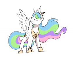 Size: 1504x1170 | Tagged: safe, artist:strangersaur, imported from derpibooru, princess celestia, alicorn, pony, crown, cute, cutelestia, ethereal mane, ethereal tail, eyes closed, female, hoof shoes, jewelry, mare, regalia, simple background, solo, spread wings, tail, white background, wings