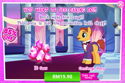 Size: 1039x688 | Tagged: safe, imported from derpibooru, pony, advertisement, concierge, costs real money, gameloft, gem, implied daring do, male, official, stallion, unnamed character, unnamed pony