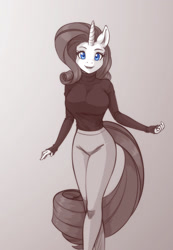 Size: 1248x1800 | Tagged: safe, artist:scorpdk, imported from derpibooru, rarity, anthro, unicorn, big breasts, breasts, busty rarity, clothes, doodle, female, looking at you, monochrome, open mouth, pants, partial color, simple background, smiling, smiling at you, solo, sweater