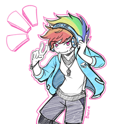 Size: 1080x1080 | Tagged: safe, artist:bunne, imported from derpibooru, rainbow dash, human, equestria girls, bracelet, clothes, colored, colored sketch, equestria guys, headphones, humanized, jacket, jewelry, looking at you, male, necklace, rainbow blitz, rule 63, shirt, shorts, sketch, smiling, smiling at you, smirk, solo