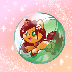 Size: 2048x2048 | Tagged: safe, artist:pfeffaroo, imported from derpibooru, part of a set, oc, oc only, oc:apple bloom, earth pony, pony, fanfic:song of seven, bag, capsule, commission, earth pony oc, flower, flower in hair, gacha, gashapon, satchel, solo, unshorn fetlocks, ych result