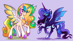 Size: 1734x978 | Tagged: safe, artist:rhythmcrown, imported from derpibooru, princess celestia, princess luna, alicorn, pony, duo, female, mare, redesign, royal sisters, siblings, signature, simple background, sisters, smiling, spread wings, wings