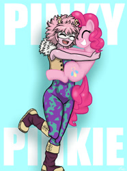 Size: 1280x1717 | Tagged: safe, artist:lennondash, imported from derpibooru, pinkie pie, earth pony, human, pony, anime, blue background, boots, clothes, costume, crossover, duo, duo female, eyes closed, female, grin, holding a pony, hug, mare, mina ashido, minapie, my hero academia, namesake, one leg raised, open mouth, pinky's hero costume, pun, shoes, simple background, smiling, text, visual pun