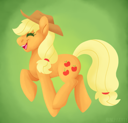 Size: 1431x1379 | Tagged: safe, artist:princesskittydragon, imported from derpibooru, applejack, earth pony, pony, cute, eyes closed, female, green background, happy, jackabetes, mare, signature, simple background, solo, trotting