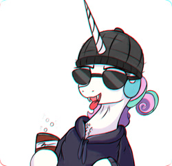 Size: 1047x1009 | Tagged: safe, artist:kqaii, imported from derpibooru, princess celestia, alicorn, pony, undead, vampire, vampony, beanie, chromatic aberration, clothes, drink, eyestrain warning, fangs, hat, hoodie, simple background, solo, sunglasses, tongue out, white background