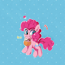 Size: 1750x1750 | Tagged: safe, artist:kqaii, imported from derpibooru, pinkie pie, earth pony, pony, basket, candy, candy cane, cupcake, food, mouth hold, solo