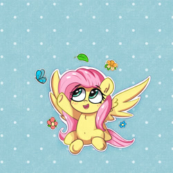 Size: 1568x1568 | Tagged: safe, artist:kqaii, imported from derpibooru, fluttershy, butterfly, pegasus, pony, cute, flower, leaf, shyabetes, smiling, solo