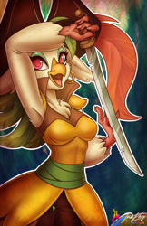 Size: 660x1020 | Tagged: safe, artist:inkkeystudios, imported from derpibooru, captain celaeno, anthro, avian, parrot pirates, 2021, abstract background, chest fluff, cutlass, ear piercing, earring, female, hat, jewelry, ornithian, piercing, pirate, signature, smiling, solo, sword, thigh gap, weapon