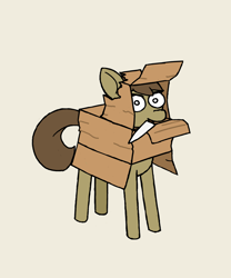 Size: 1000x1200 | Tagged: safe, artist:potatoconnoisseur, derpibooru exclusive, imported from derpibooru, oc, oc only, oc:cardboard fortress, earth pony, pony, cardboard box, female, knife, mare, mouth hold, simple background, solo