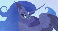 Size: 3840x2060 | Tagged: safe, artist:elektra-gertly, imported from derpibooru, princess luna, alicorn, pony, blue background, colored wings, curved horn, ethereal mane, facial markings, female, frown, high res, horn, horn jewelry, jewelry, long horn, mare, simple background, solo, spread wings, two toned wings, wings