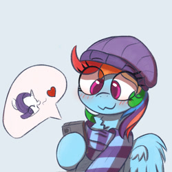 Size: 1331x1331 | Tagged: safe, artist:kqaii, imported from derpibooru, rainbow dash, rarity, pegasus, pony, unicorn, :3, blushing, cellphone, clothes, eye clipping through hair, female, hat, heart, inset, lesbian, phone, raridash, scarf, shipping, smartphone, smiling, solo focus, striped scarf