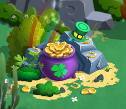 Size: 506x440 | Tagged: safe, imported from derpibooru, coin, gameloft, gold, gold coins, holiday, no pony, pot, rainbow, saint patrick's day