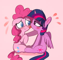 Size: 1531x1449 | Tagged: safe, artist:kqaii, imported from derpibooru, pinkie pie, twilight sparkle, alicorn, earth pony, pony, blushing, duo, face licking, female, floppy ears, lesbian, licking, shipping, sitting, smiling, tongue out, twilight sparkle (alicorn), twinkie