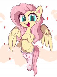 Size: 1335x1781 | Tagged: safe, artist:kqaii, imported from derpibooru, fluttershy, pegasus, pony, belly button, clothes, cute, female, flying, happy, mare, open mouth, open smile, shyabetes, smiling, socks, solo, spread wings, wings