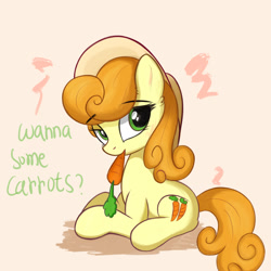 Size: 1609x1609 | Tagged: safe, artist:kqaii, imported from derpibooru, carrot top, golden harvest, earth pony, pony, blushing, carrot, engrish, female, food, grammar error, hat, herbivore, mare, mouth hold, solo