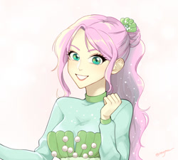 Size: 1000x900 | Tagged: safe, artist:extraluna, imported from derpibooru, fluttershy, equestria girls, equestria girls series, so much more to me, bust, female, grin, portrait, signature, simple background, smiling, solo