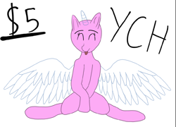 Size: 1172x844 | Tagged: safe, artist:glowbug, imported from derpibooru, oc, oc only, alicorn, earth pony, pegasus, pony, unicorn, :p, commission, crossed hooves, happy, horn, simple background, sitting, solo, spread hooves, tongue out, wings, your character here