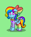 Size: 62x74 | Tagged: safe, artist:dematrix, imported from derpibooru, oc, oc:riinbow dashie, pegasus, pony, pony town, bow, clothes, cute, ear piercing, female, floppy ears, hair bow, mare, multicolored tail, neck rings, picture for breezies, piercing, pixel art, rainbow socks, saddle, socks, solo, striped socks, tack, tail, tail bow