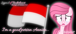 Size: 1422x637 | Tagged: safe, artist:elementbases, artist:tanahgrogot, imported from derpibooru, oc, oc only, oc:annisa trihapsari, earth pony, series:the legend of tenderheart, black background, crying, earth pony oc, female, flag, indonesia, looking at you, mare, medibang paint, open mouth, sad, simple background, solo, wide eyes