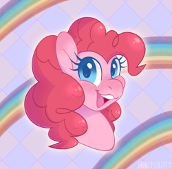 Size: 1531x1507 | Tagged: safe, artist:princesskittydragon, imported from derpibooru, pinkie pie, bust, februpony, happy, heart eyes, rainbow, smiling, solo, wingding eyes
