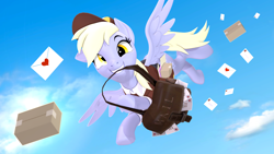 Size: 3840x2160 | Tagged: safe, artist:owlpirate, imported from derpibooru, derpy hooves, pegasus, pony, 3d, 4k, cute, derpabetes, female, flying, grin, high res, letter, looking at you, love letter, mailbag, mailmare, mare, mouth hold, smiling, smiling at you, solo, source filmmaker, spread wings, wings