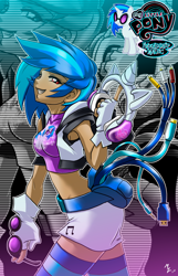 Size: 1030x1600 | Tagged: safe, artist:mauroz, imported from derpibooru, dj pon-3, vinyl scratch, human, 3.5mm aux cable, blue hair, clothes, cutie mark on clothes, dark skin, fanny pack, female, hdmi cable, headphones, humanized, jacket, midi cable, midriff, miniskirt, my little pony logo, rca cable, short shirt, skirt, solo, vinyl's glasses, wrong eye color, zettai ryouiki, zoom layer