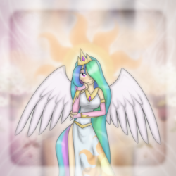 Size: 1200x1200 | Tagged: safe, artist:ihara, imported from derpibooru, princess celestia, human, celestia's crown, clothes, crown, cutie mark on clothes, dress, humanized, jewelry, necklace, regalia, spread wings, wings