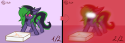 Size: 3129x1080 | Tagged: safe, artist:toxinagraphica, imported from derpibooru, oc, oc only, oc:toxina graphica, pony, unicorn, ask, cheek fluff, chest fluff, colored sketch, ear fluff, female, fluffy, food, glowing, glowing eyes, horn, insanity, long ears, mare, meme, pizza, pizza box, signature, silly, silly face, silly pony, simple background, sketch, smiling, solo, triggered, unicorn oc, wide eyes