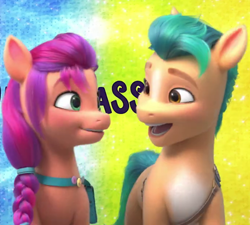 Size: 690x620 | Tagged: safe, imported from derpibooru, screencap, hitch trailblazer, sunny starscout, earth pony, pony, caption, cropped, duo, female, g5, great moments in animation, looking at each other, looking at someone, male, mare, my little pony: a new generation, out of context, shipping fuel, size difference, stallion, youtube link