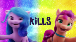 Size: 1280x720 | Tagged: safe, imported from derpibooru, screencap, izzy moonbow, sunny starscout, earth pony, pony, unicorn, covering, duo, female, g5, happy, implied murder, looking at you, mare, my little pony: a new generation, out of context, youtube link