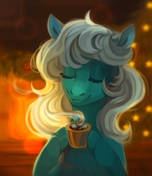 Size: 939x1080 | Tagged: safe, artist:spirit-alu, imported from derpibooru, oc, oc only, pony, chocolate, eyes closed, food, hot chocolate, mug, smiling, solo