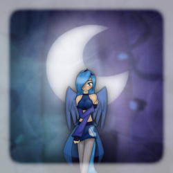 Size: 1200x1200 | Tagged: safe, artist:ihara, imported from derpibooru, princess luna, human, breasts, clothes, crescent moon, female, hair over one eye, humanized, moon, s1 luna, shoulderless, skirt, solo, winged humanization, wings