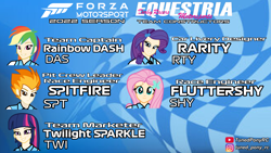 Size: 3840x2160 | Tagged: safe, artist:forzaveteranenigma, imported from derpibooru, fluttershy, rainbow dash, rarity, spitfire, twilight sparkle, fanfic:equestria motorsports, equestria girls, fanfic, forza motorsport, human coloration, instagram, pale skin, roster, youtube