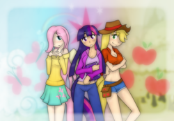 Size: 1500x1050 | Tagged: safe, artist:ihara, imported from derpibooru, applejack, fluttershy, twilight sparkle, human, abstract background, breasts, cleavage, clothes, female, humanized, midriff, pants, shorts, skirt, tail, tailed humanization, trio, winged humanization, wings