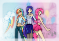 Size: 1500x1050 | Tagged: safe, artist:ihara, imported from derpibooru, pinkie pie, rainbow dash, rarity, human, abstract background, clothes, female, hand on hip, humanized, midriff, pants, shirt, skirt, tail, tailed humanization, tanktop, trio, winged humanization, wings