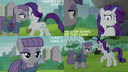 Size: 1280x720 | Tagged: safe, edit, edited screencap, editor:quoterific, imported from derpibooru, screencap, maud pie, rarity, earth pony, pony, unicorn, season 6, the gift of the maud pie, duo, female, lip bite, mare, open mouth, shrunken pupils, sweat, text