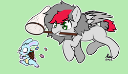 Size: 2400x1400 | Tagged: safe, artist:move, imported from derpibooru, oc, oc:move, pegasus, pony, rabbit, animal, commission, easter, egg, holiday, male, net, smiling, solo, wings, your character here