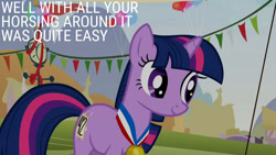 Size: 1280x720 | Tagged: safe, edit, edited screencap, editor:quoterific, imported from derpibooru, screencap, twilight sparkle, pony, unicorn, fall weather friends, season 1, female, mare, medal, smiling, solo, text, unicorn twilight