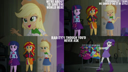 Size: 1280x720 | Tagged: safe, edit, edited screencap, editor:quoterific, imported from derpibooru, screencap, applejack, rarity, sunset shimmer, twilight sparkle, equestria girls, rainbow rocks, applejack's hat, belt, boots, bracelet, clothes, cowboy hat, cutie mark on clothes, denim skirt, female, grin, hairpin, hand on hip, hat, jacket, jewelry, leather, leather jacket, rainbow rocks outfit, shoes, skirt, smiling, text