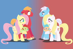 Size: 2880x1920 | Tagged: safe, anonymous artist, imported from derpibooru, banner mares, big macintosh, cottonflock, crescendo, fluttershy, oc, oc:cotton blanket, oc:late riser, earth pony, pegasus, pony, series:fm holidays, april fools, baby, baby pony, colt, crescendoflock, family, female, floppy ears, fluttermac, foal, gradient background, high res, holding a pony, lineless, looking at each other, looking at someone, male, mare, no pupils, offspring, pacifier, parent:big macintosh, parent:cottonflock, parent:crescendo, parent:fluttershy, parents:crescendoflock, parents:fluttermac, shipping, size difference, stallion, straight