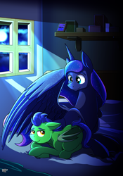 Size: 2000x2850 | Tagged: safe, artist:littletigressda, imported from derpibooru, princess luna, oc, oc:nightrose, alicorn, bat pony, pony, fanfic:luna's little rose, bed, book, duo, fanfic art, female, filly, foal, mare, moon, night, shelf, window