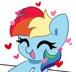 Size: 1478x1398 | Tagged: safe, artist:kittyrosie, imported from derpibooru, rainbow dash, pegasus, pony, blushing, cute, dashabetes, eyes closed, heart, open mouth, simple background, solo, white background