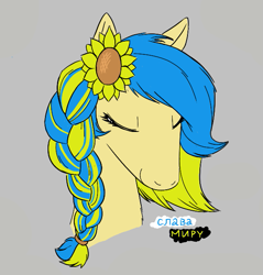 Size: 589x617 | Tagged: artist needed, safe, imported from derpibooru, oc, oc only, oc:ukraine, pony, aggie.io, eyes closed, female, flower, flower in hair, gray background, mare, nation ponies, simple background, smiling, snoofa, solo, sunflower, ukraine