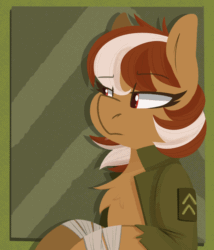 Size: 1200x1400 | Tagged: safe, artist:modularpon, imported from derpibooru, oc, oc only, oc:roulette, earth pony, pony, fallout equestria, animated, blinking, clothes, ear flick, female, frown, jacket, looking at you, looking sideways, mare, military uniform, simple background, smiling, smirk, uniform